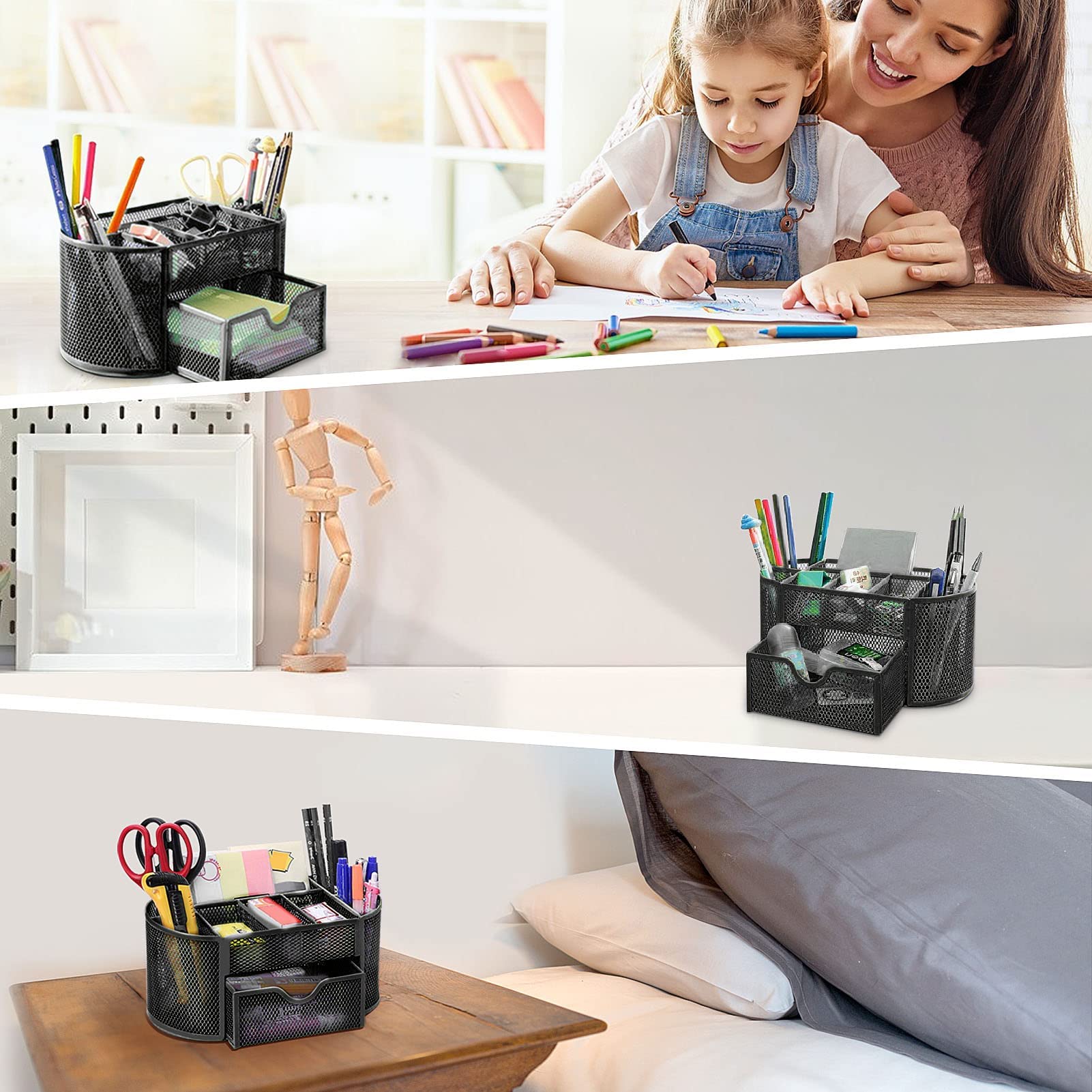 Organizer da scrivania con 8 scomparti e cassetto, organizer da ufficio in rete e portapenne, per forniture per casa e ufficio, soluzione multifunzionale per spazio di lavoro