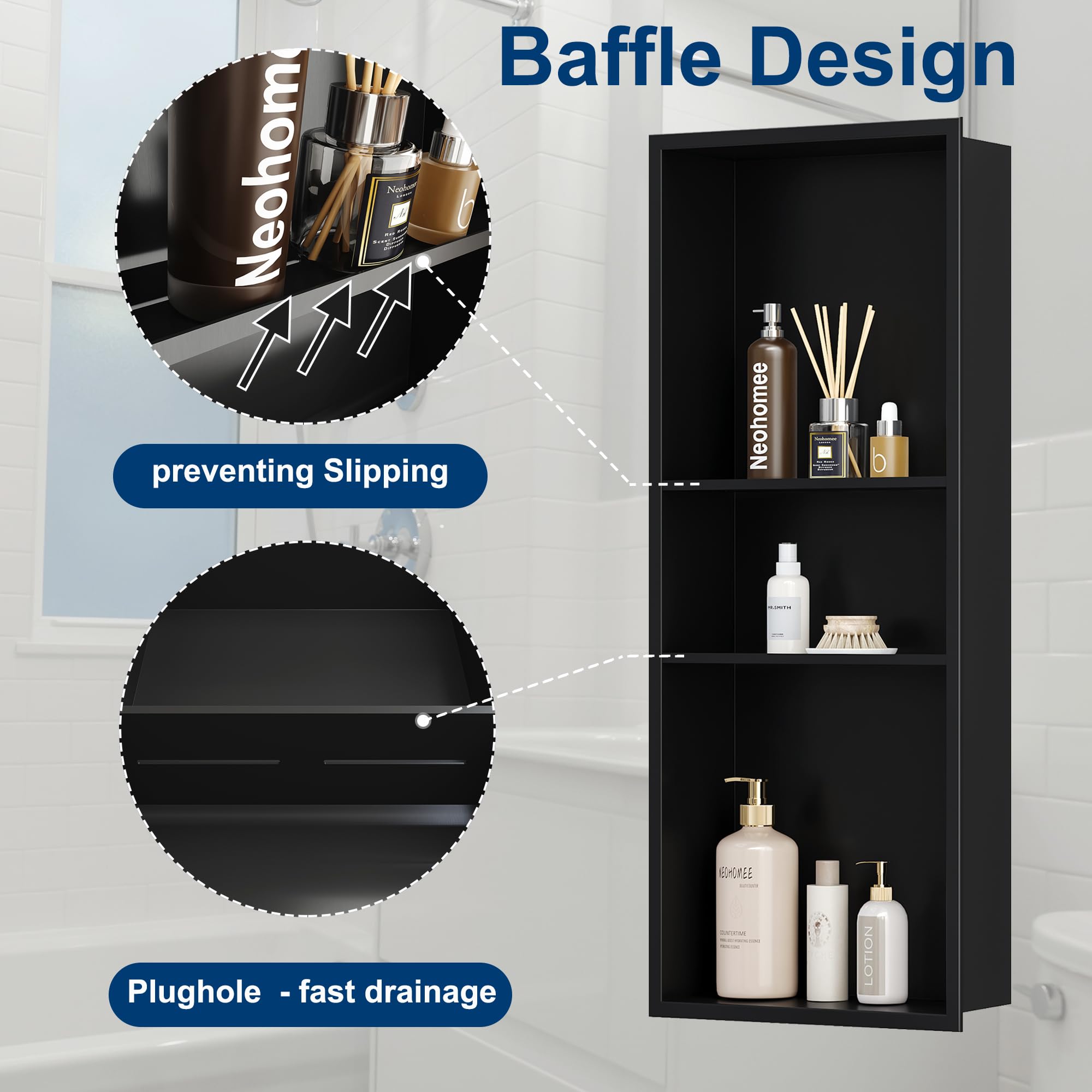 Neodrain Nicho de ducha de 30 x 12 pulgadas, negro mate, nicho de pared de acero inoxidable, nicho de pared de acero inoxidable, no necesita azulejos, ducha empotrada para almacenamiento de baño