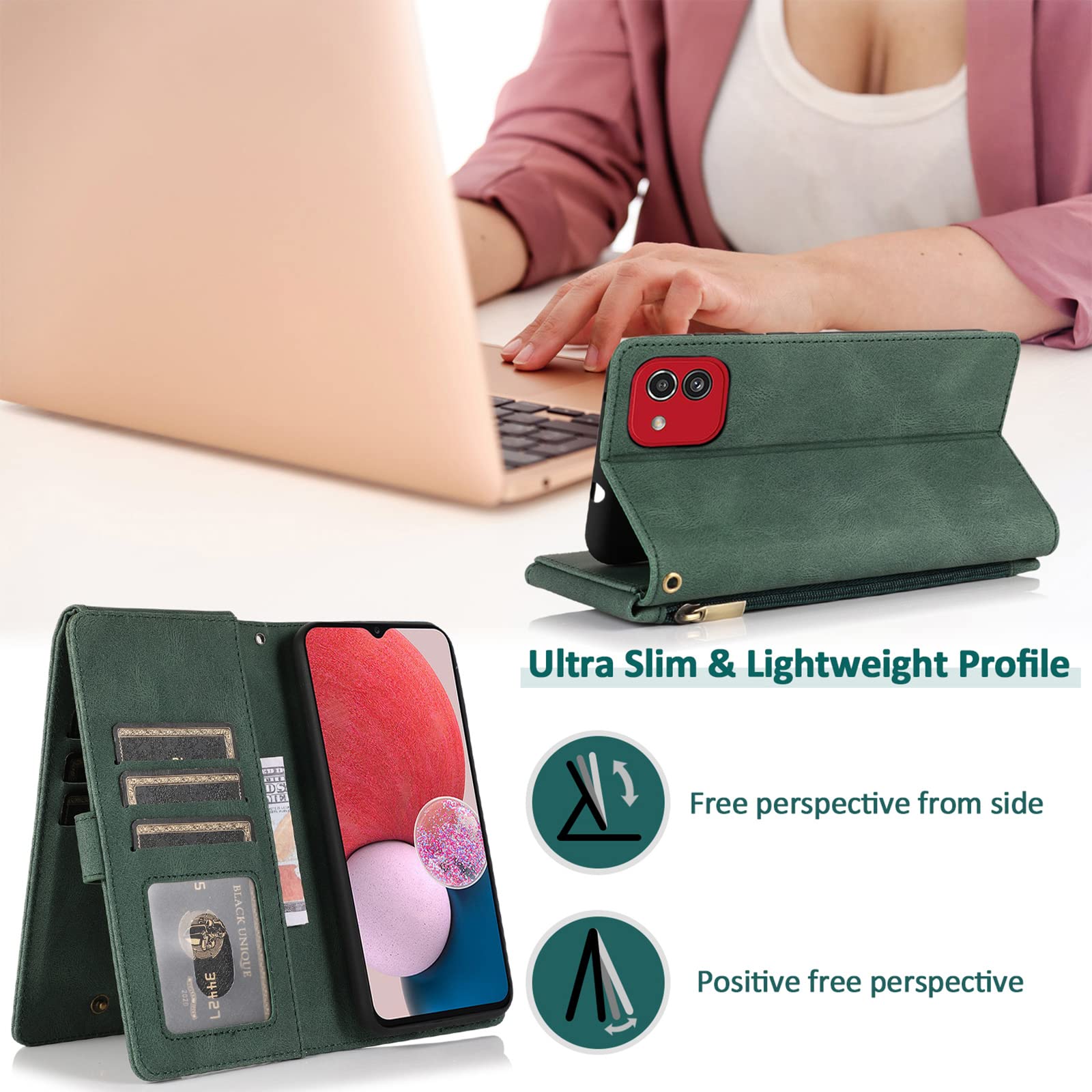 Asuwish Compatible with Samsung Galaxy A03 Wallet Case Tempered Glass  Screen Protector and Zipper Retro Leather Flip Cover Card Holder Stand Cell  Accessories for Gaxaly A 03 03A Ao3 Women Men Green: