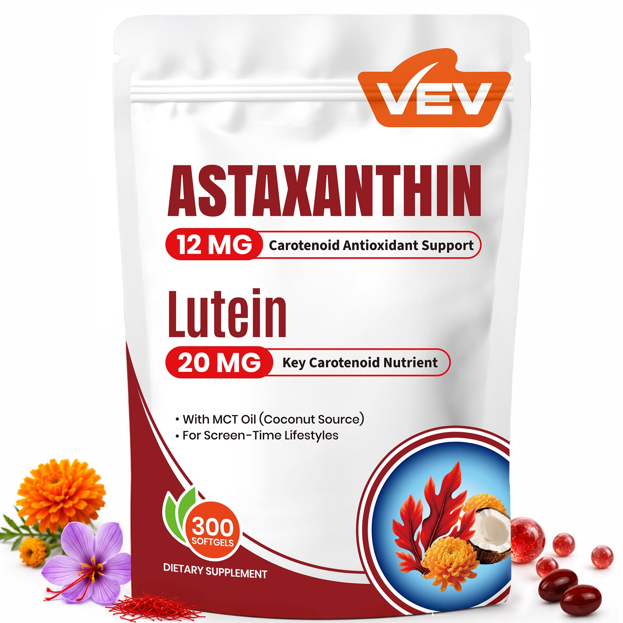 VEV Astaxanthin 12mg & Lutein 20mg Supplements with MCT Oil, 300 Softgels 300 Count (Pack of 1)