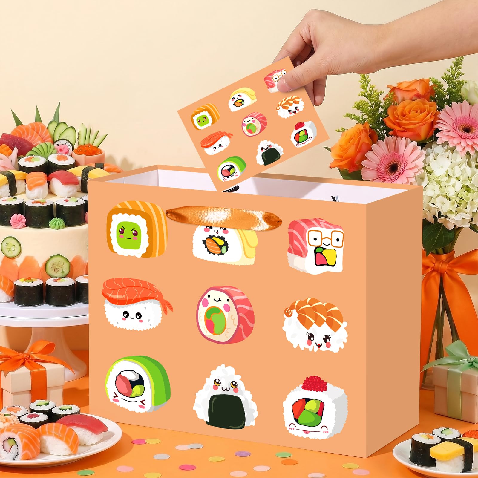 Sushi Gift Bag Japanese Sushi Birthday Wrapping Bag with Tissue Paper Greeting Card Kawaii Food Birthday Party Decor for Kids Girl Boy Baby Shower Graduation Wedding Japanese Festival Party