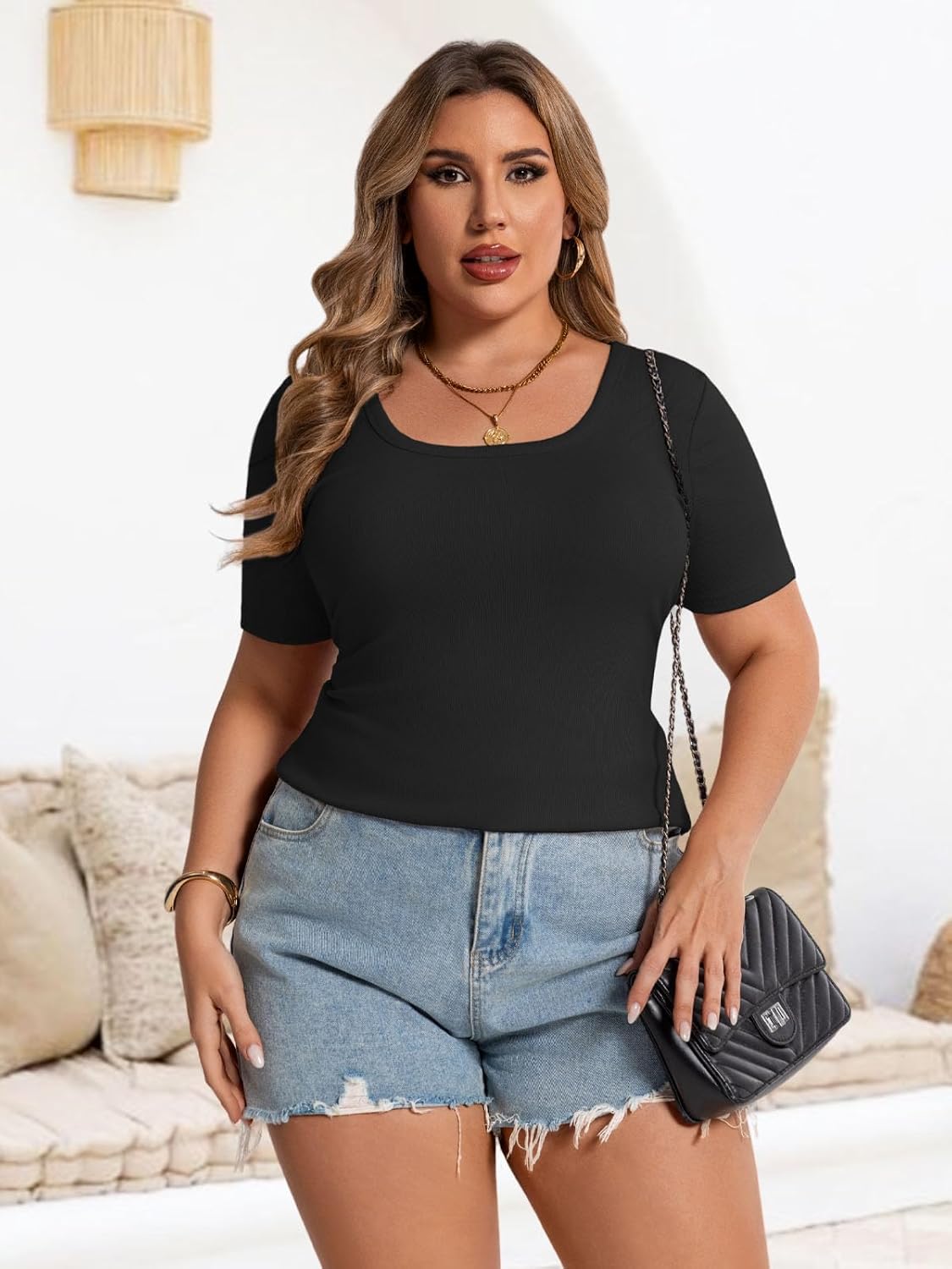 Chulianyouhuo Women's Plus Size Tops Short Sleeve Scoop Neck T Shirts Summer Ribbed Knit Basic Casual Tees Blouse - Image 5