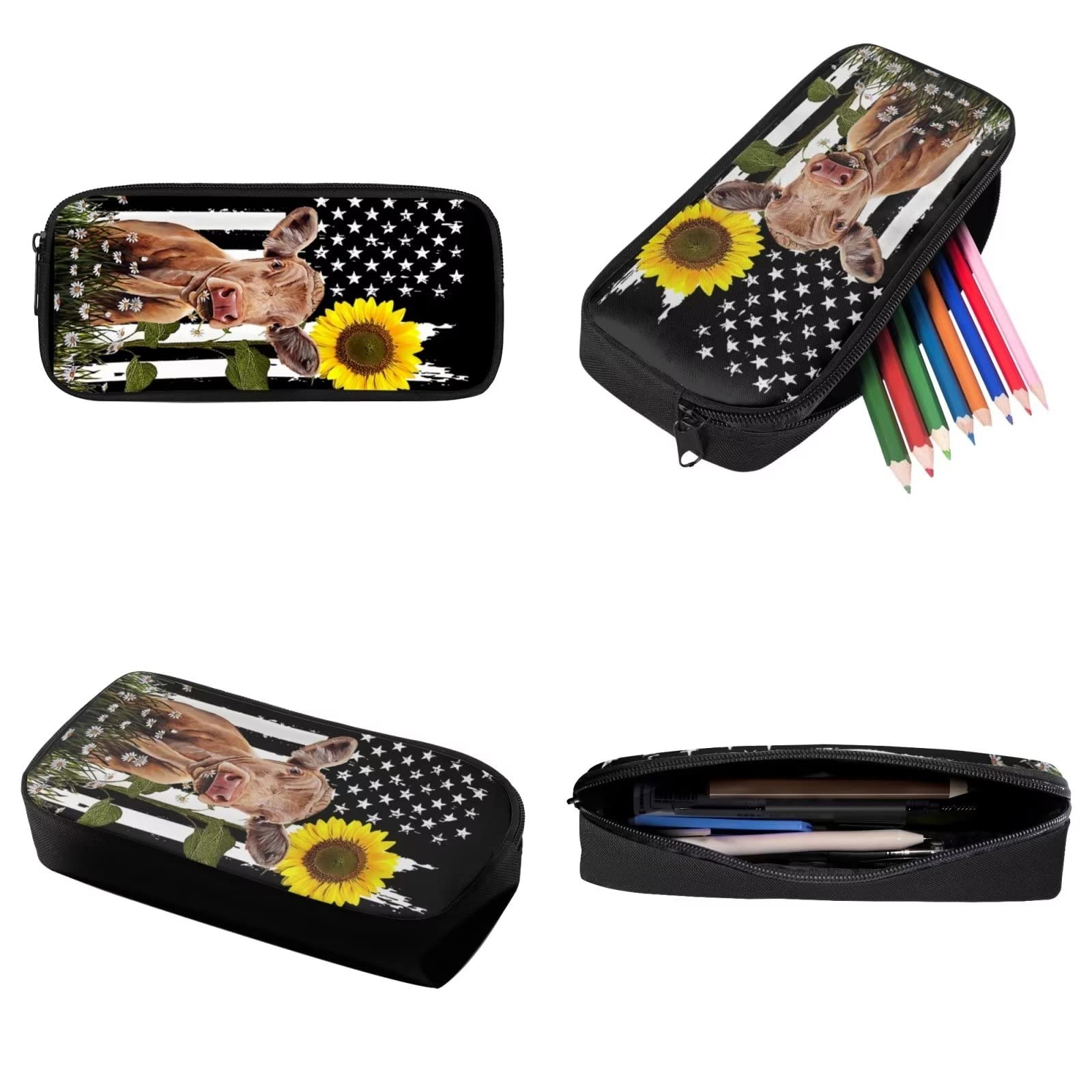 Poceacles Schultasche und Lunchbox-Set für Teenager, Jungen, Grundschule, Büchertasche, Federmäppchen für Grundschulkinder, Amerikanische Flagge Sonnenblumenpferd, Einheitsgröße