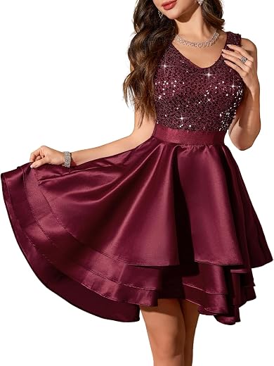 Meetjen Women's Short Prom Dresses for Teens Formal Sequin High Low Satin Bridesmaid Cocktail Party Homecoming Dress