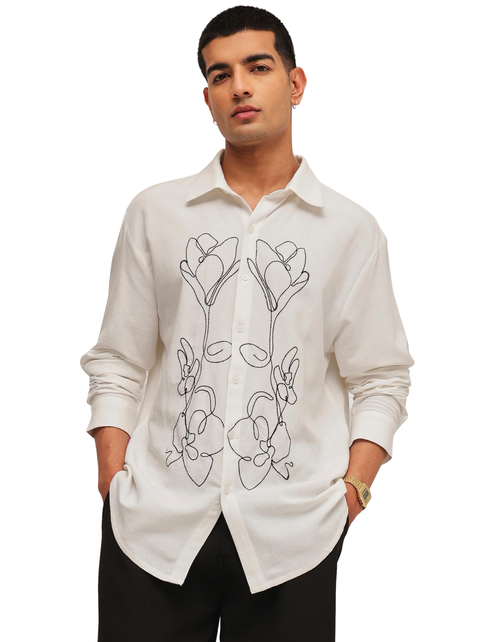 SASSAFRAS Men Linen Flower Embroidery Relax Fit Full Sleeve Shirt in neutral