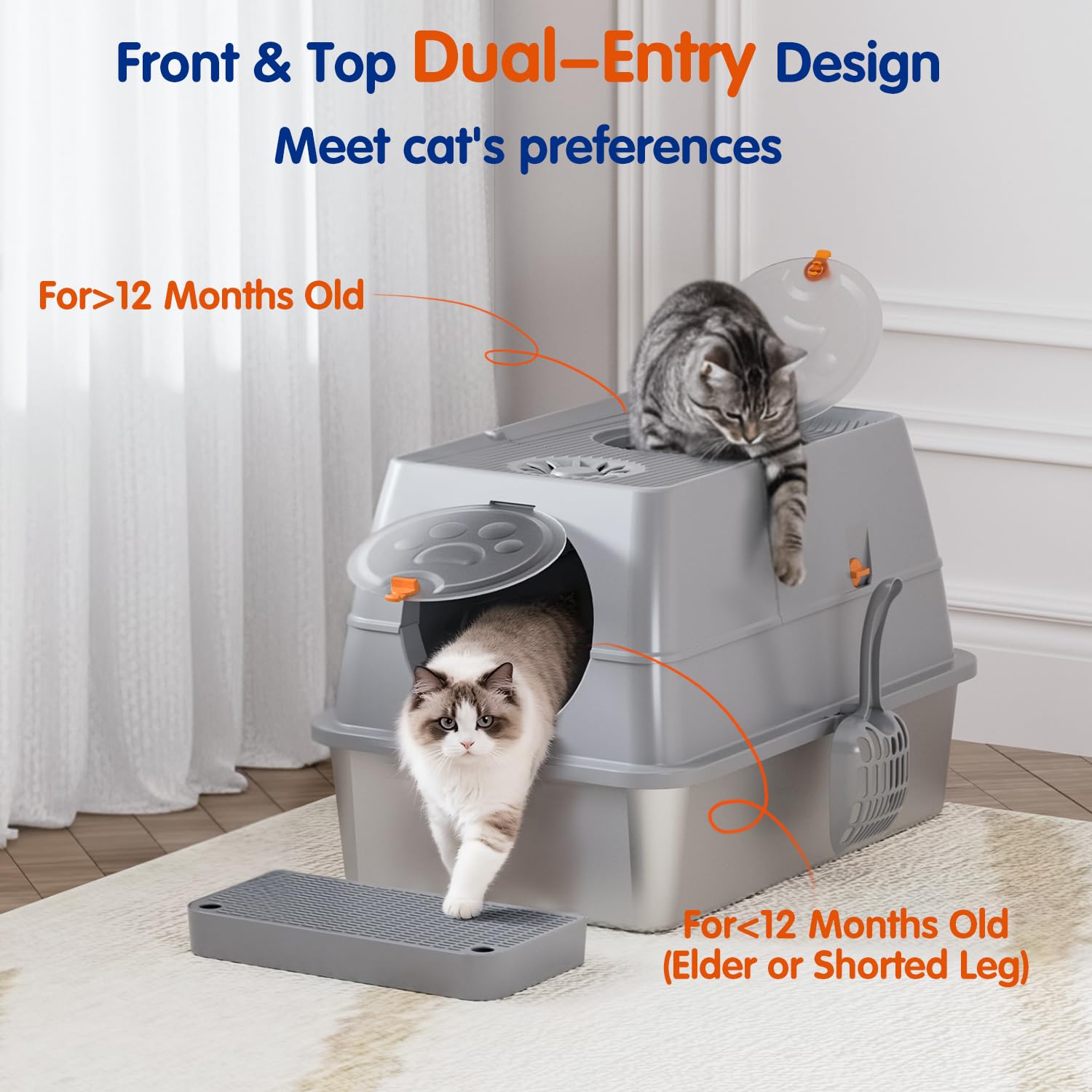 Stainless Steel Litter Box with Lid, XL Extra Large Cat Litter Box Enclosure, Front & Top Entry Covered Metal Cat Box with Steps & Scoop, Easy Cleaning - image 4