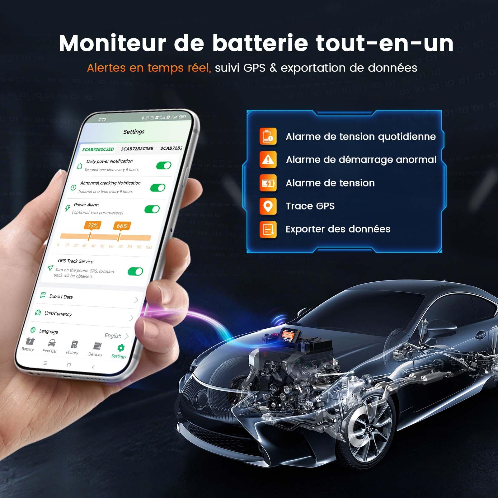 (Upgraded BM200) ANCEL BM300PRO Moniteur de Batterie 6V 12V 24V, Bluetooth 5.3 Battery Monitor de voiture avec test de charge, de système de démarrage & alarme, IP67 étanche pour camion moto bateau