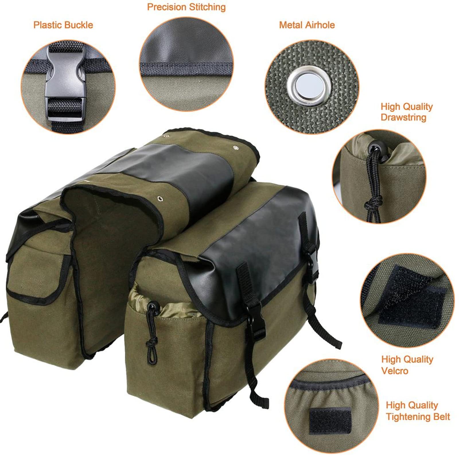 3DTengkit Fahrradtasche Canvas Fahrrad Doppeltasche Fahrradrücksitztasche, für Fahrrad Pendeln Satteltaschen (Khaki) Sport & Freizeit