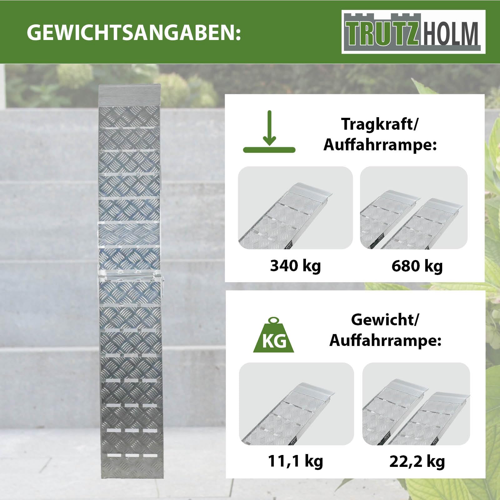 TRUTZHOLM 1x Alu Auffahrrampe klappbar 226 cm Traglast 680 kg grau Motorradrampe Verladerampe für Motorrad, Quad, ATV, Rasenmähertrecker Heavy Duty, extrem leicht