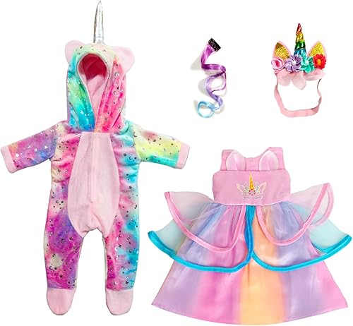 Miniatura 10 de WONDOLL Juego de 2 juegos de ropa de muñeca de 18 pulgadas ropa de unicornio con clip para el cabello y diadema compatible con todos los accesorios