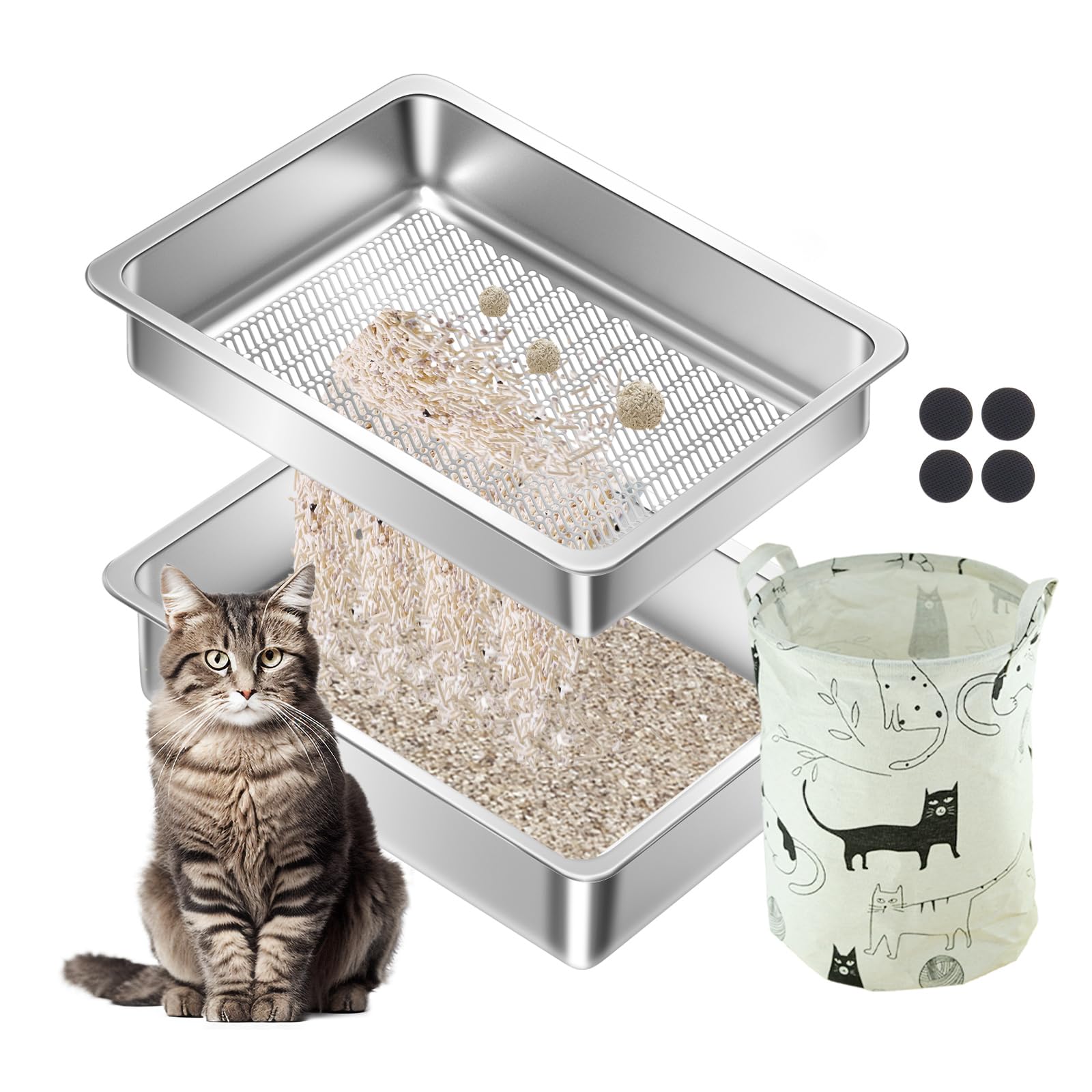 Stainless Steel Sifting Cat Litter Box for Clumping Litter, Large Metal Cat Litter Box with Sifter Litter Tray and Cat Litter Bag,Odor Control, Easy to Clean(19.7"x13.7"x5.9")