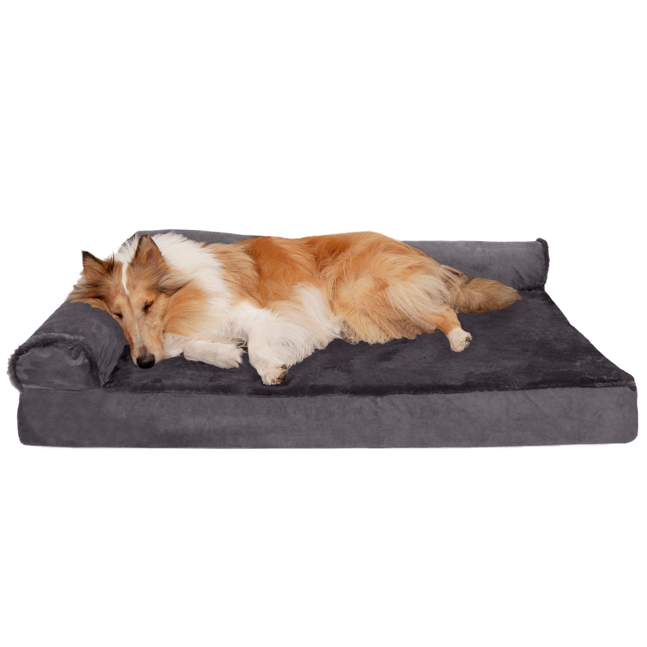 Furhaven Pet Bed for Dogs and Cats - Plush and Velvet L-Shaped Chaise Cooling Gel Foam Dog Bed, Removable Machine Washable Cover - Platinum Gray, Jumbo (X-Large)