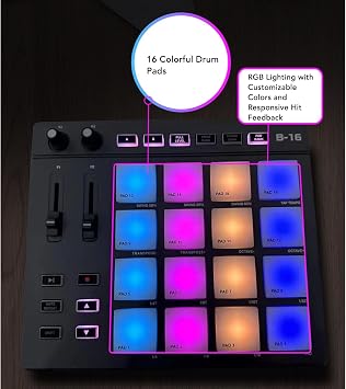 Professional MIDI Pad Controller, Beat Maker Machine with 16 Drum Pads & 2 Assignable Fader Knobs, RGB Portable Pad Drum Machine, for Beginner Music Production