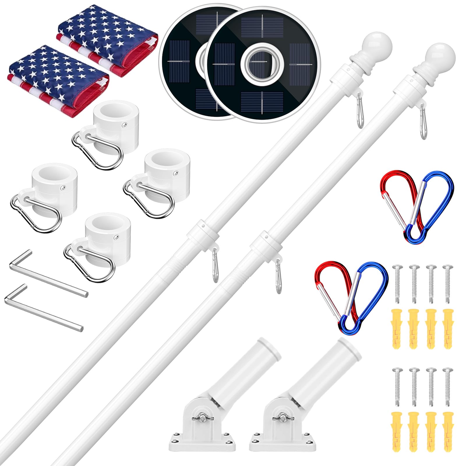 ZMTECH 2 Stück 152 cm weiße Fahnenmast-Set mit Solarlicht und stolzer amerikanischer Flagge, verstellbarer Halterung und verbessertem verwicklungsfreien Ring, 2,5 cm Edelstahl-Fahnenmast für Tag und