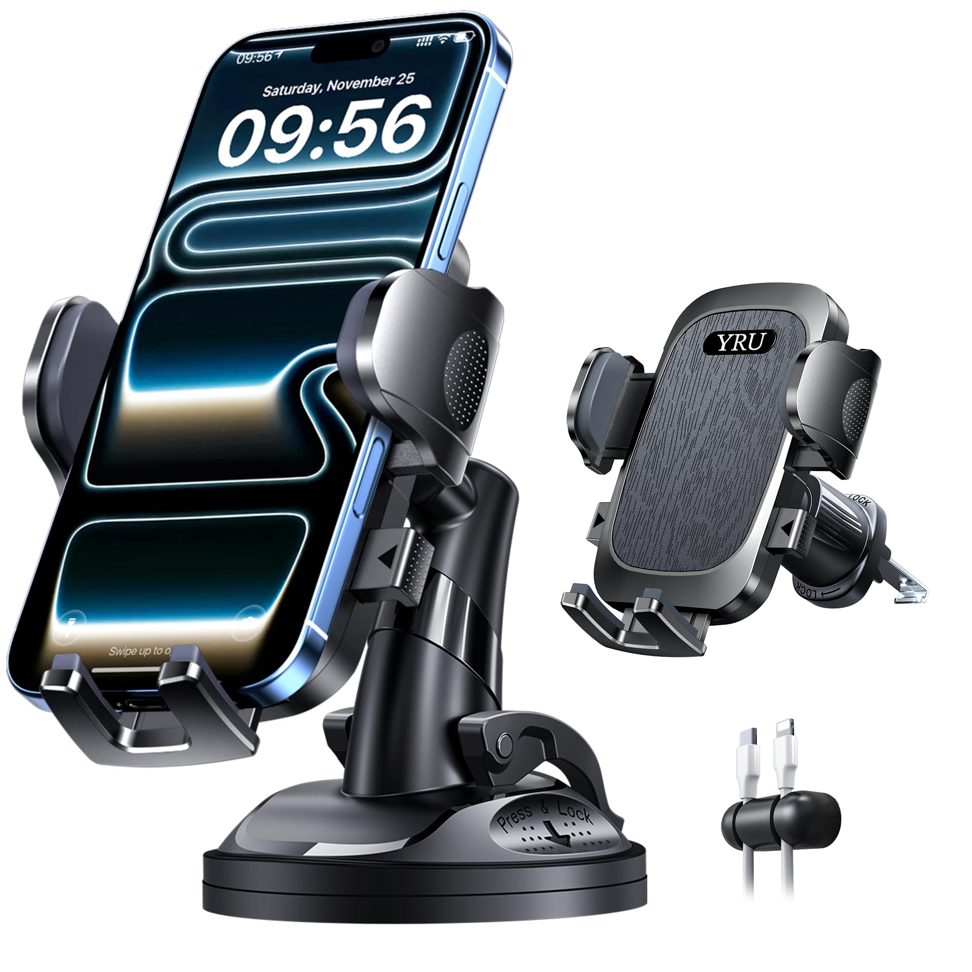 YRU 2026 Exclusive Wackelfrei Handyhalterung Auto 【Upgrade Bombenfest Saugnapf & Lüftungsclip】 Handy Halterung Auto Kein Rückstand 360°Drehbar Handyhalter Armaturenbrett Scheibe für iPhone Samsung