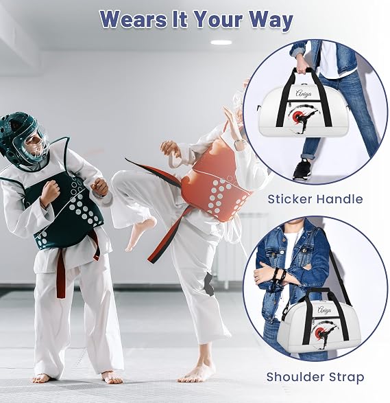 Martial Arts Training Duffle Bag | Personalised Taekwondo Karate Boxing Gym Bag for Men & Kids | Custom Name Water-Resistant Sports Holdall for Gear & Gloves, Taekwondo White