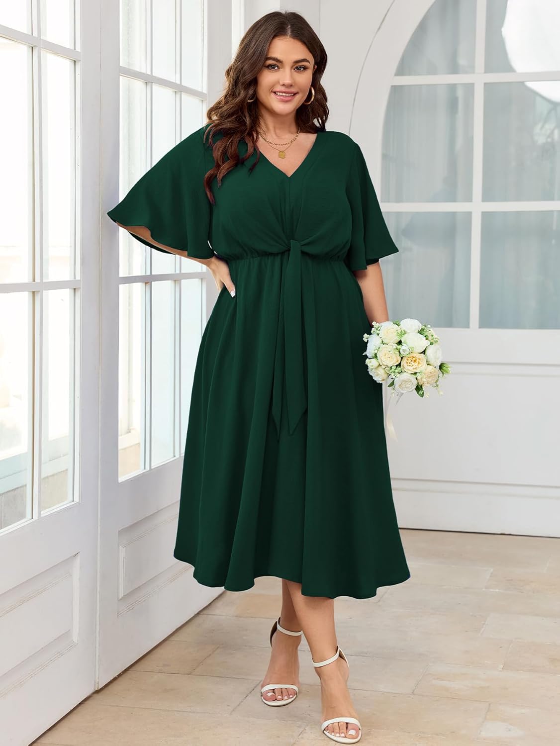 SCOMCHIC Women Plus Size Midi Dresses Wedding Guest Short Sleeve V Neck Tie Waist Casual Summer Flowy A Line Dress - Image 2