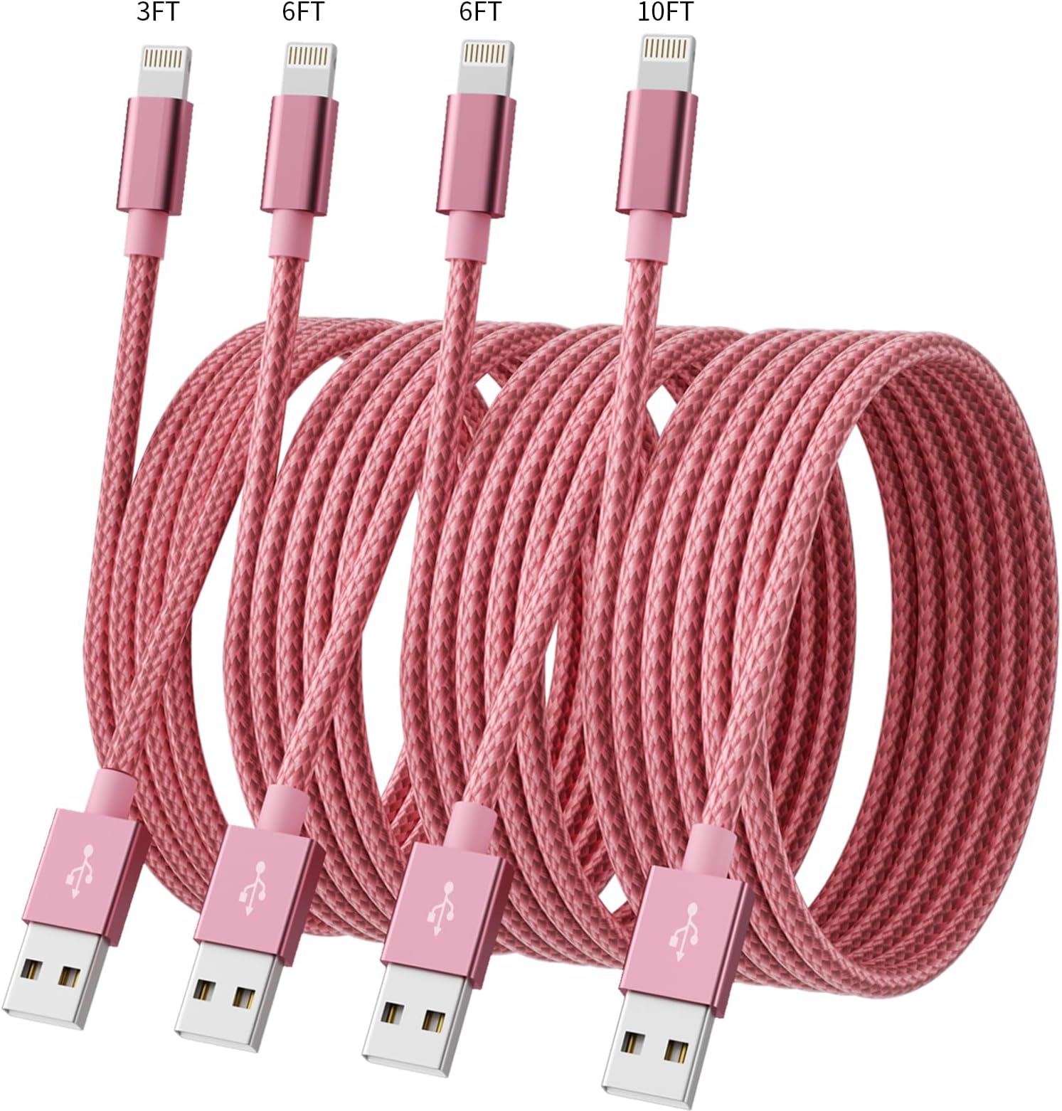 IDISON iPhone Charger, 4Packs(3ft 6ft 6ft 10ft) Charging Cable MFi Certified USB Lightning Cable Nylon Braided Fast Charging Cord Compatible for iPhone13/12/11/X/Max/8/7/6/6S/5/5S/SE/Plus/iPad(Pink)