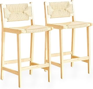 Frövåg barstolar set om 2 med pappersnät säte och ryggstöd, barstolar i massivt trä i skandinavisk design, träram kökspall med halkfria fötter