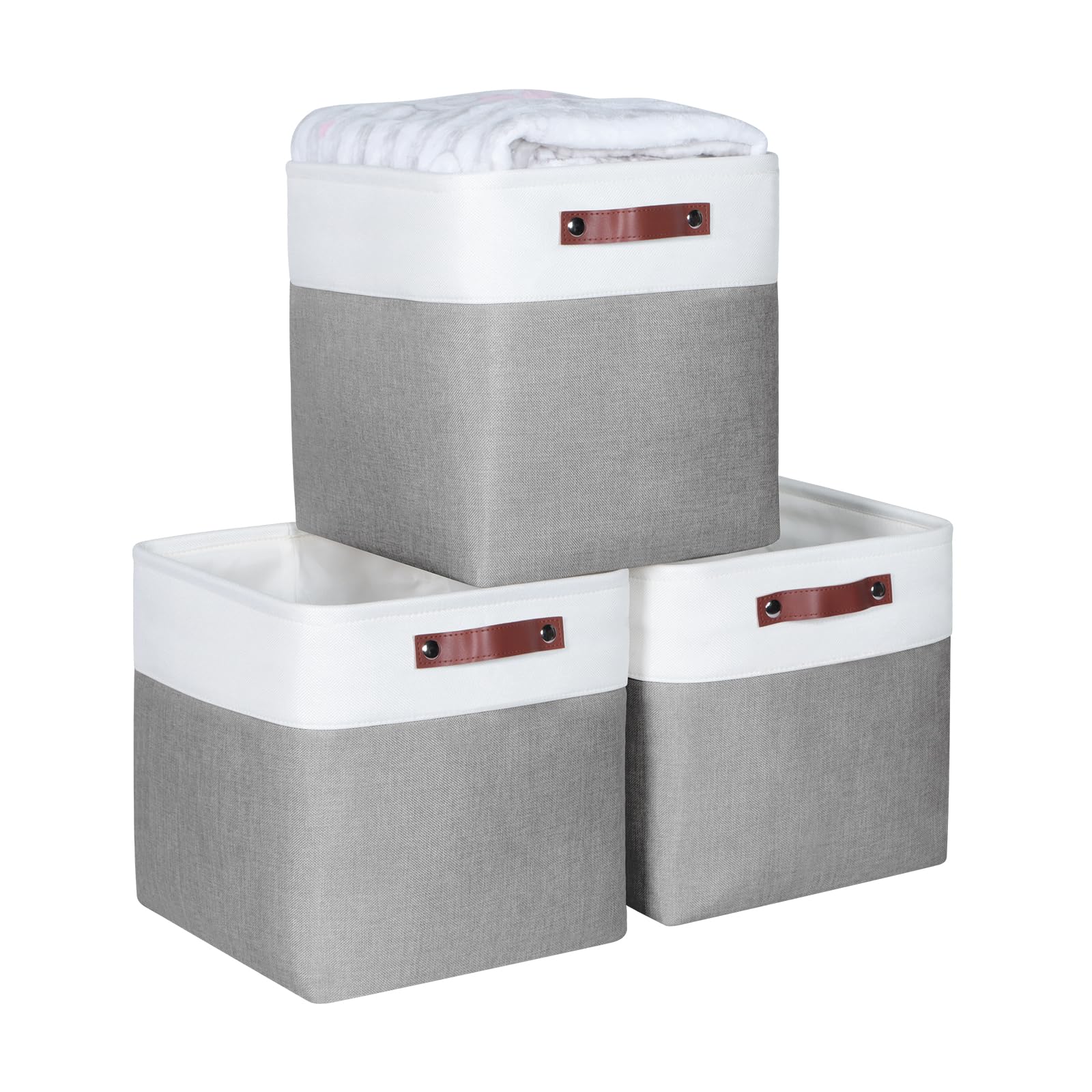 Syeeiex Foldable Storage Baskets for Shelves Closet 30.5 CM Fabric Cube Organizer Box Bins with Leather Handles Waterproof Canvas Box for Clothes, Pet Toys, Office Products, Bedroom Grey & White