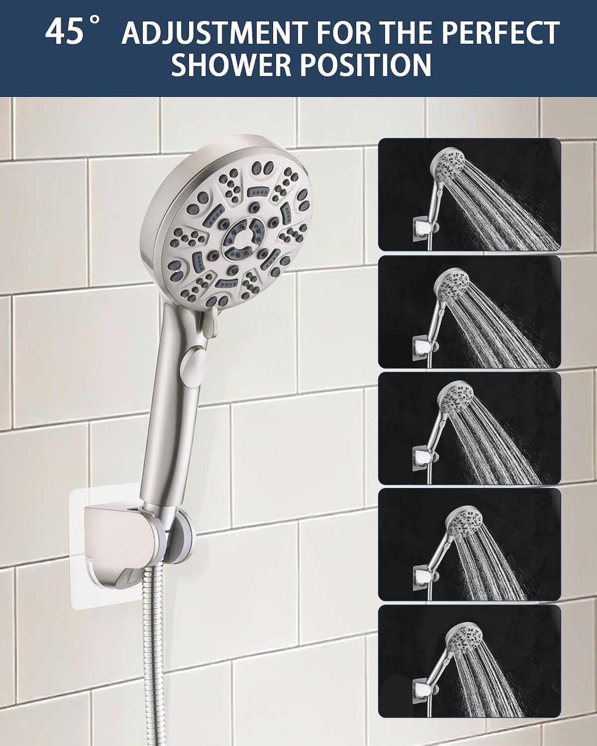 Handheld Shower Head Holder Super Strong Adhesive No Drill Adjustable Wall Mount for Hand Held Wand, Ideal for Kids, Elderly, and Short Users (Brushed Nickel) image 4