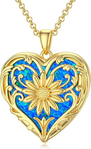 SOULMEET Collar con medallón de ópalo, ábala, concha de perla, malaquita con forma de corazón de girasol, que sostiene fotos y fotos You Are My