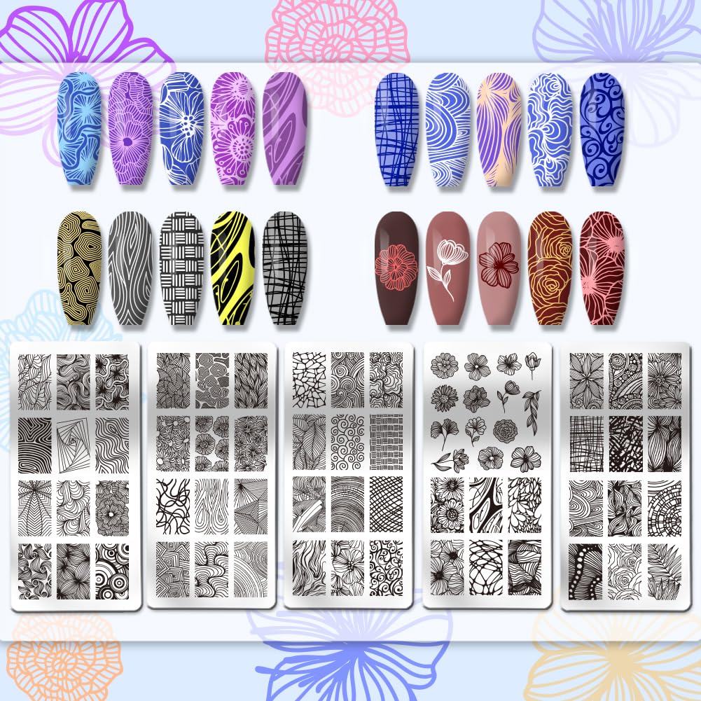 PH PandaHall 5 PZ Modelli per Nail Art con Texture Lineare, 68 Modelli Fiore Nail Stamping Piastra Mix Design Nail Art Stencil per Nail Design Stampa Manicure Salon