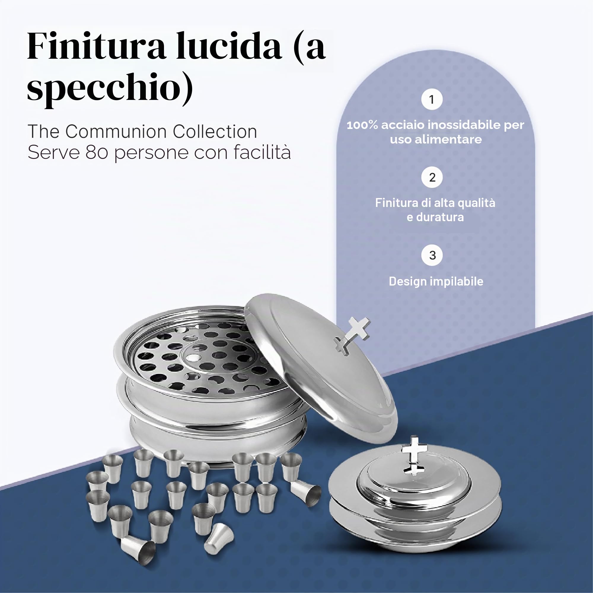 Communion Ware - 2 vassoi da portata per vino sacro con coperchio e 2 piatti impilabili con coperchio + 80 tazze, articoli per chiesa in acciaio inox per comunione, comunione, articoli per chiesa
