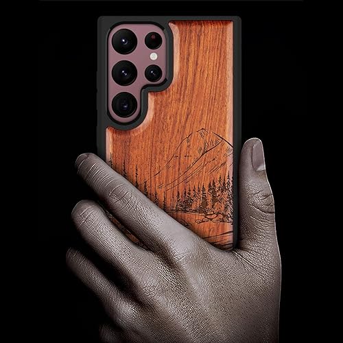 Miniatura 2 de Carveit Funda de madera para Galaxy S22 Ultra madera natural y TPU suave negro a prueba de golpes, diseño único de madera compatible con Samsung S22