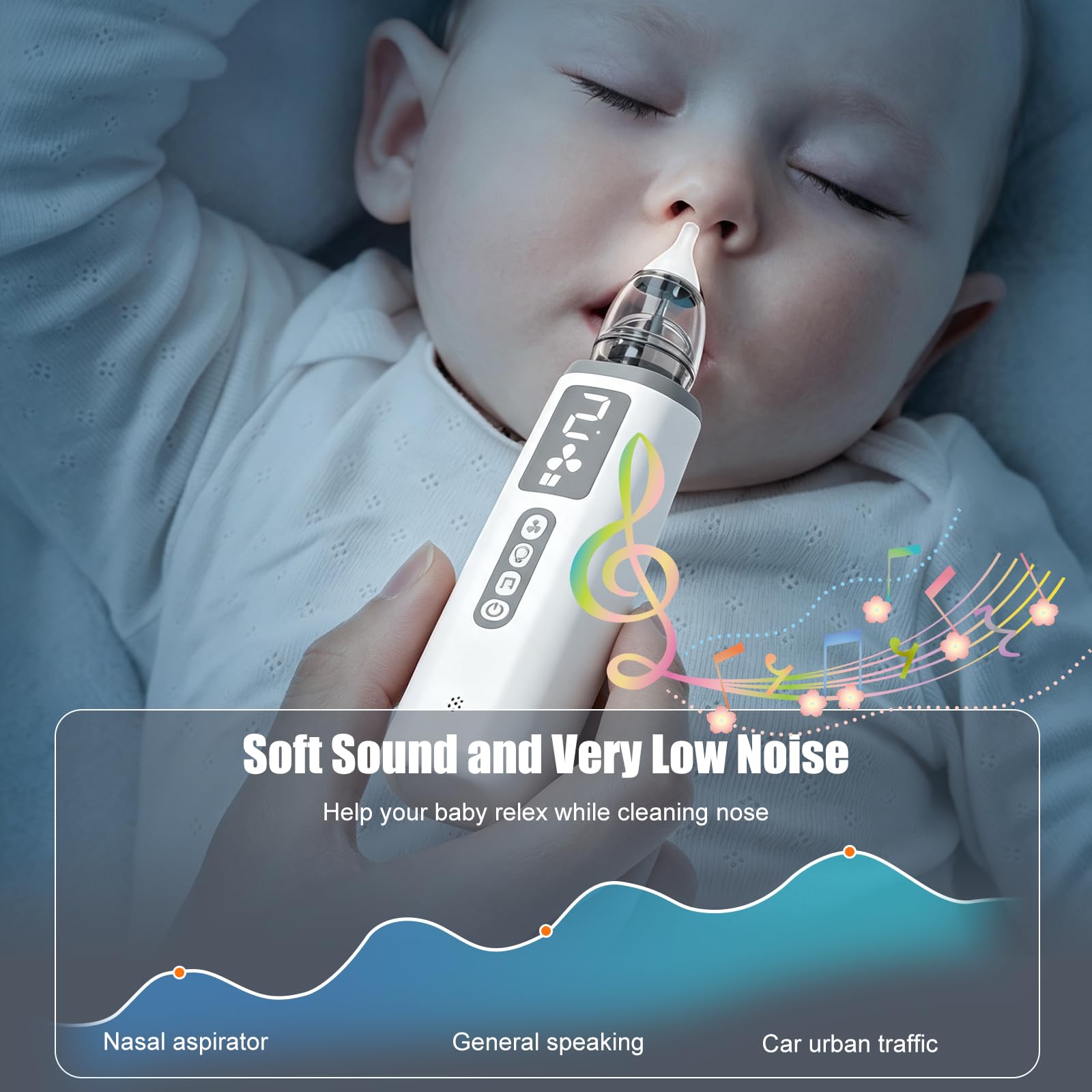 Aspiratore Nasale Neonato Elettrico con 3 Livelli di Aspirazione | Silenzioso & Portatile Aspiratore Nasale Neonati con 3 Punte in Morbido Silicone e Musica & Luce, Aliviare il Naso Bloccato