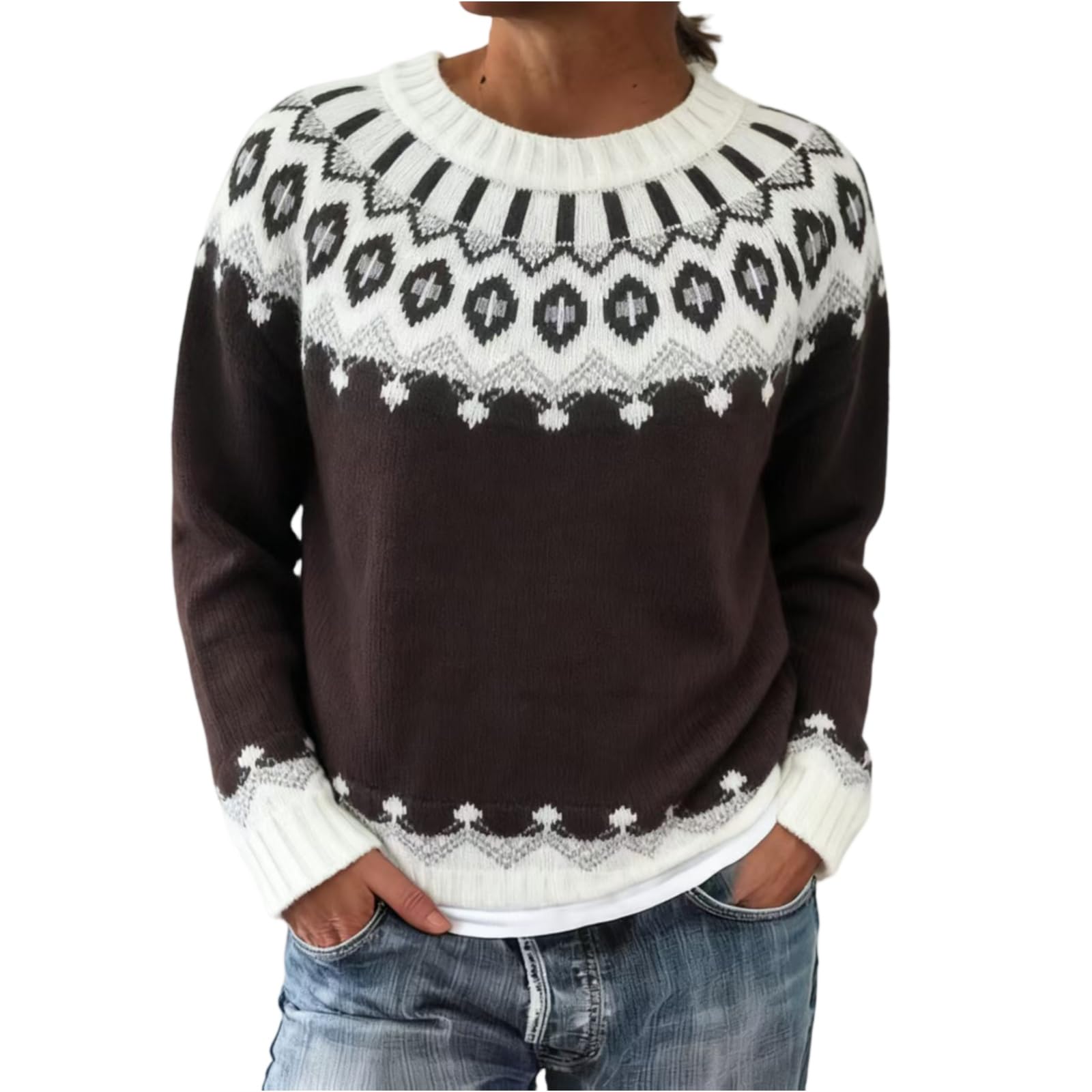 Fair Isle Sweater Women Winter Vintage Embroidered Nordic Crewnck Knit Sweaters Fall Color Block Pullover Tops