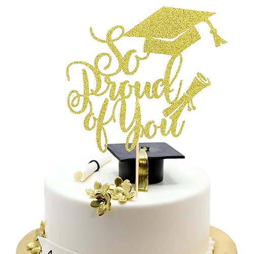 Arthsdite 1 decoración para tarta de graduación con purpurina dorada «So Proud of You» – Decoración de fiesta de graduación de secundaria 2025