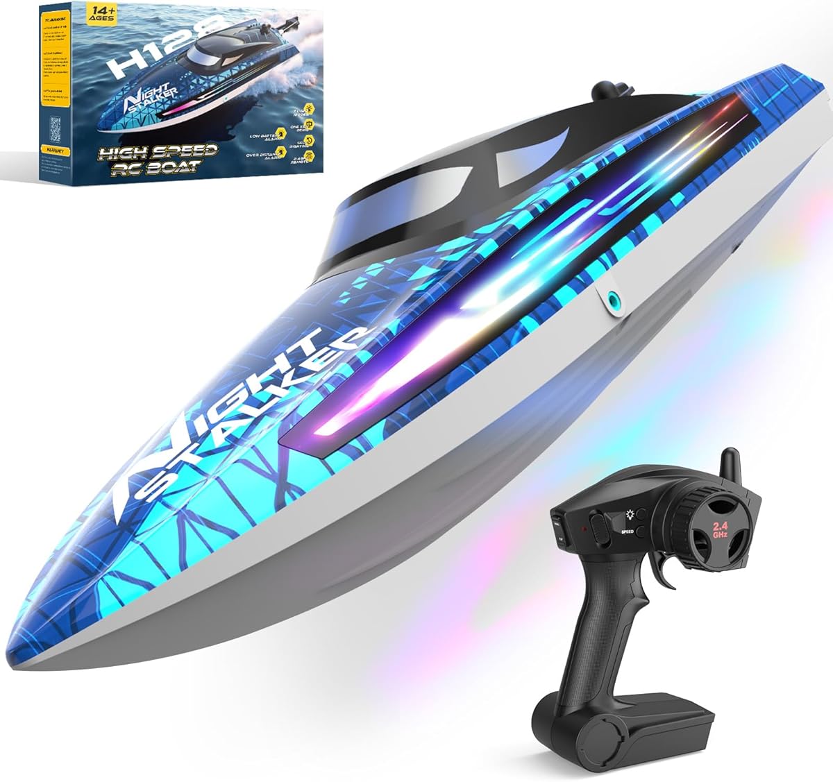 RC Remote Control Boat with 7LED Light Modes for Adults Kids 8-12 Pool Lakes, Waterproof 25KMH Electric Fast Boat with Self-righting,Demo, Low Battery/Over Distance/Signal Interference Alarm