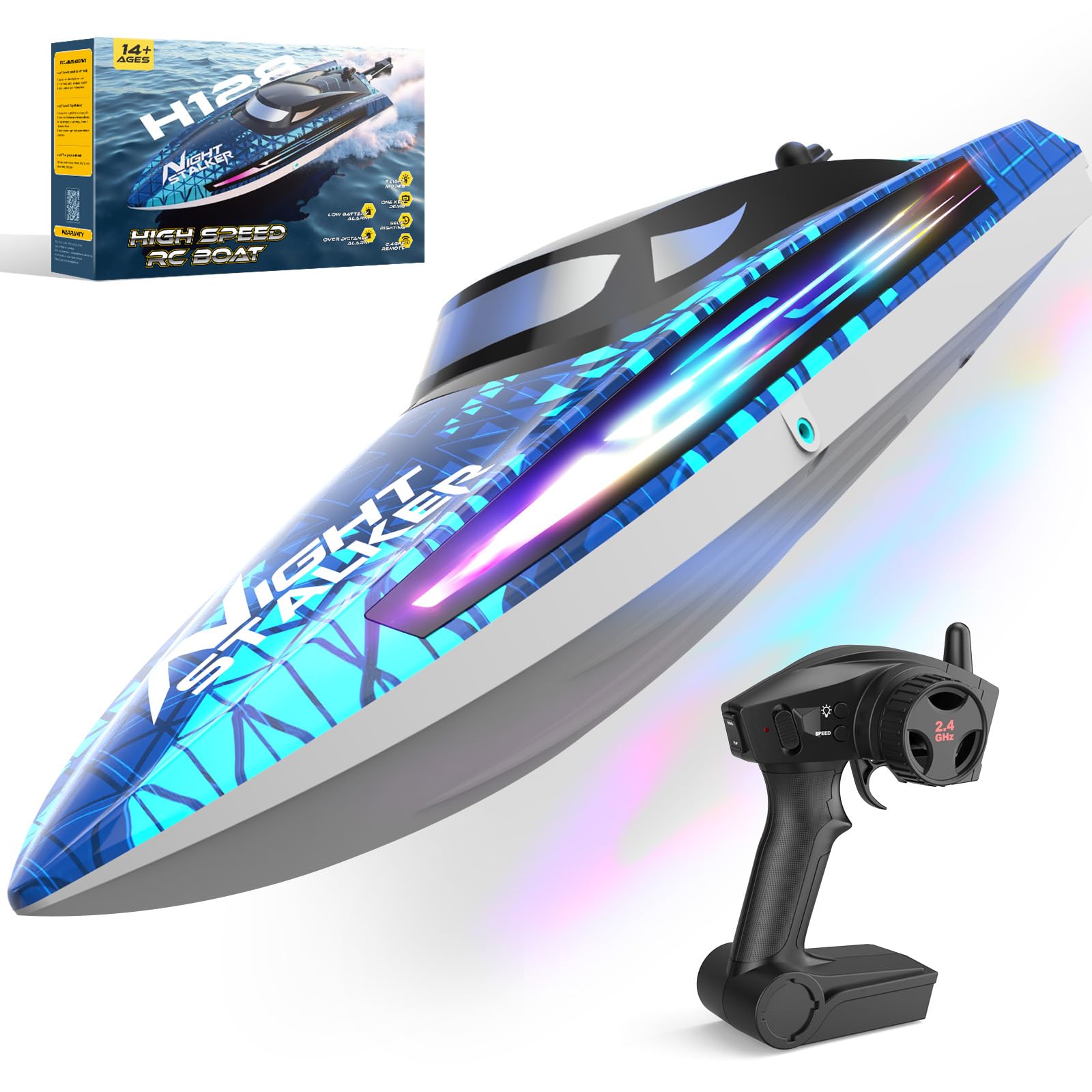 RC Remote Control Boat with 7LED Light Modes for Adults Kids 8-12 Pool Lakes, Waterproof 25KMH Electric Fast Boat with Self-righting,Demo, Low Battery/Over Distance/Signal Interference Alarm