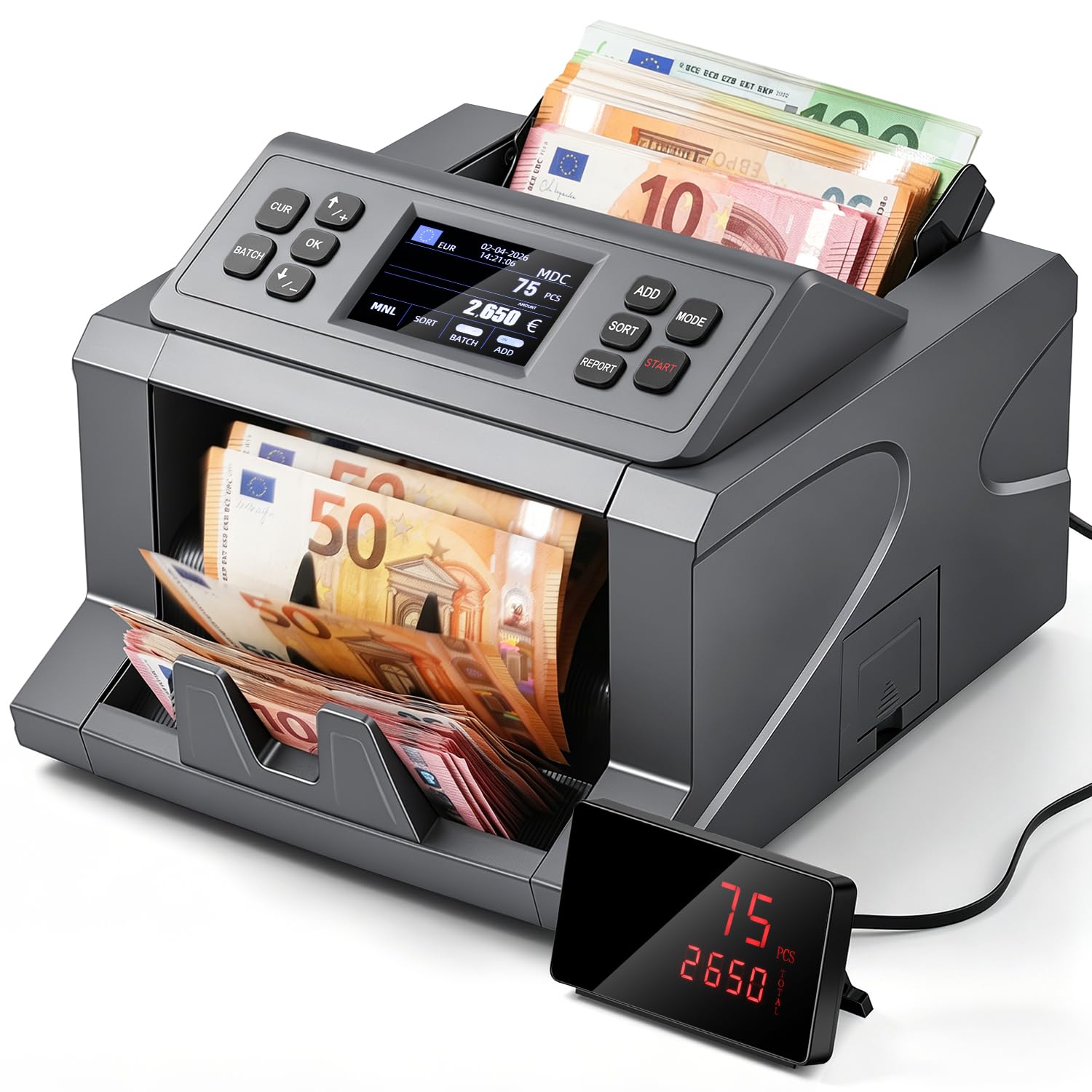 CGOLDENWALL Contabanconte Professionale, Totalizza Banconote Miste 8 Valute | 1000 Banconote/min, Rilevamento di Falsi CIS/UV/IR/MG, Ordinamento, Funzioni Batch e ADD, per Banche, Aziende (Grigio)