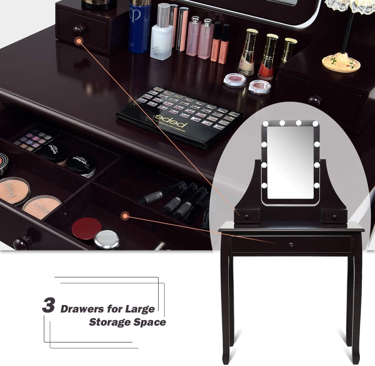 CHARMAID Vanity Set with Lighted Mirror, Makeup Table with 10 LED Dimmable Bulbs, 3 Drawers, 2 Dividers, Modern Bedroom Dressing Table Vanity Desk with Stool for Women Girls (Espresso)
