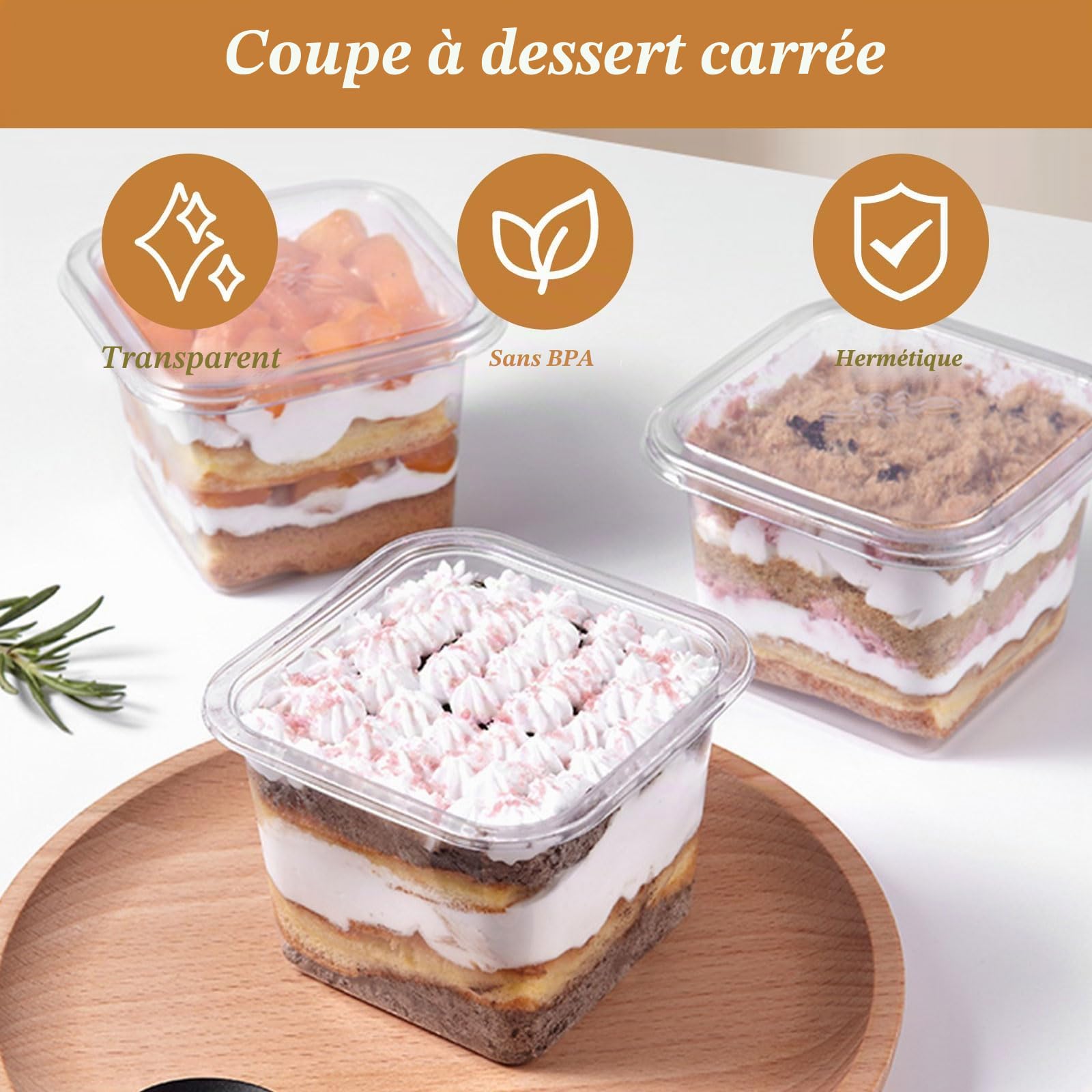 Lot de 100 gobelets à dessert carrés en plastique transparent avec couvercles pour cupcakes, pudding, mousse, crème glacée - 360 ml