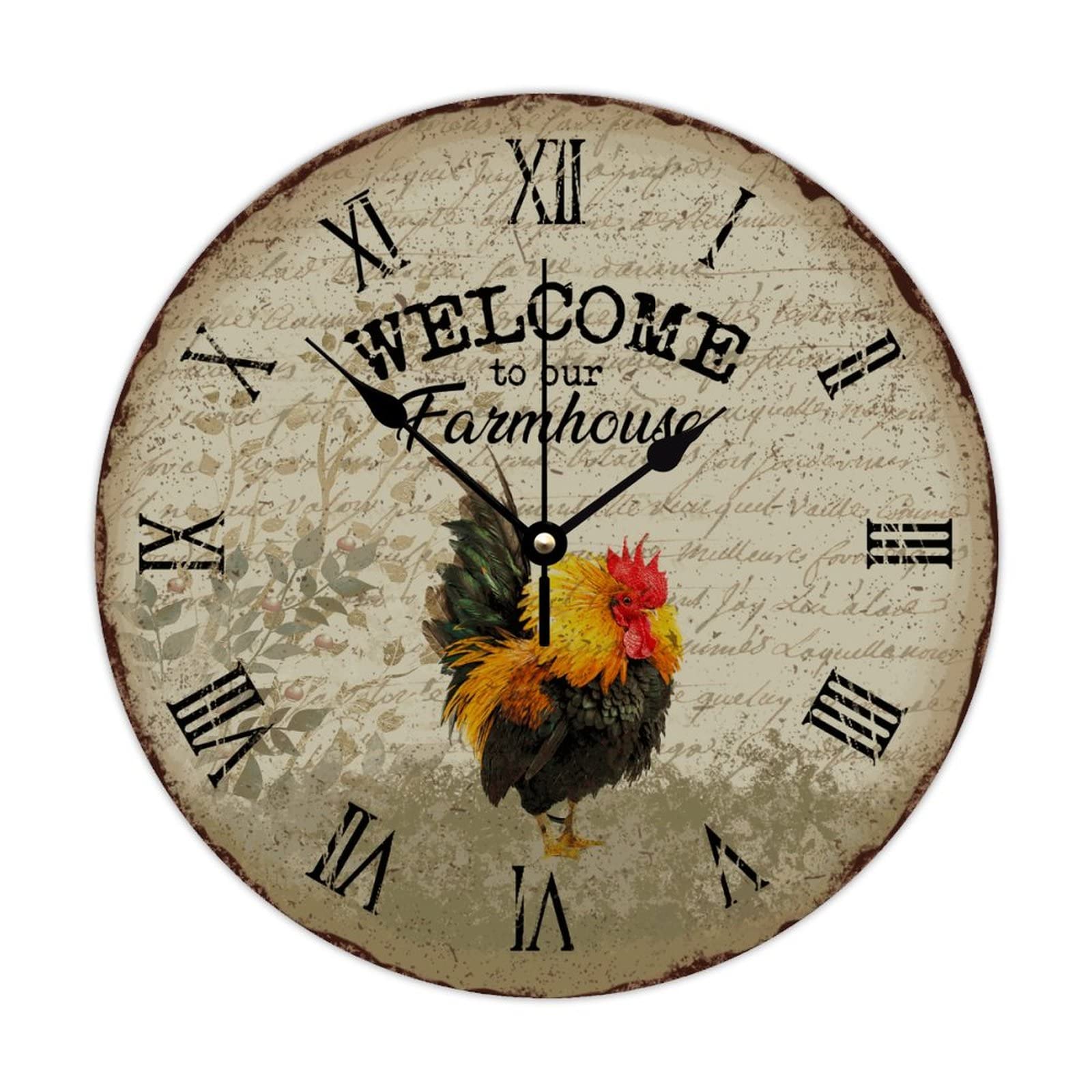 Horloge murale ronde en bois vintage grand format coq de ferme silencieuse