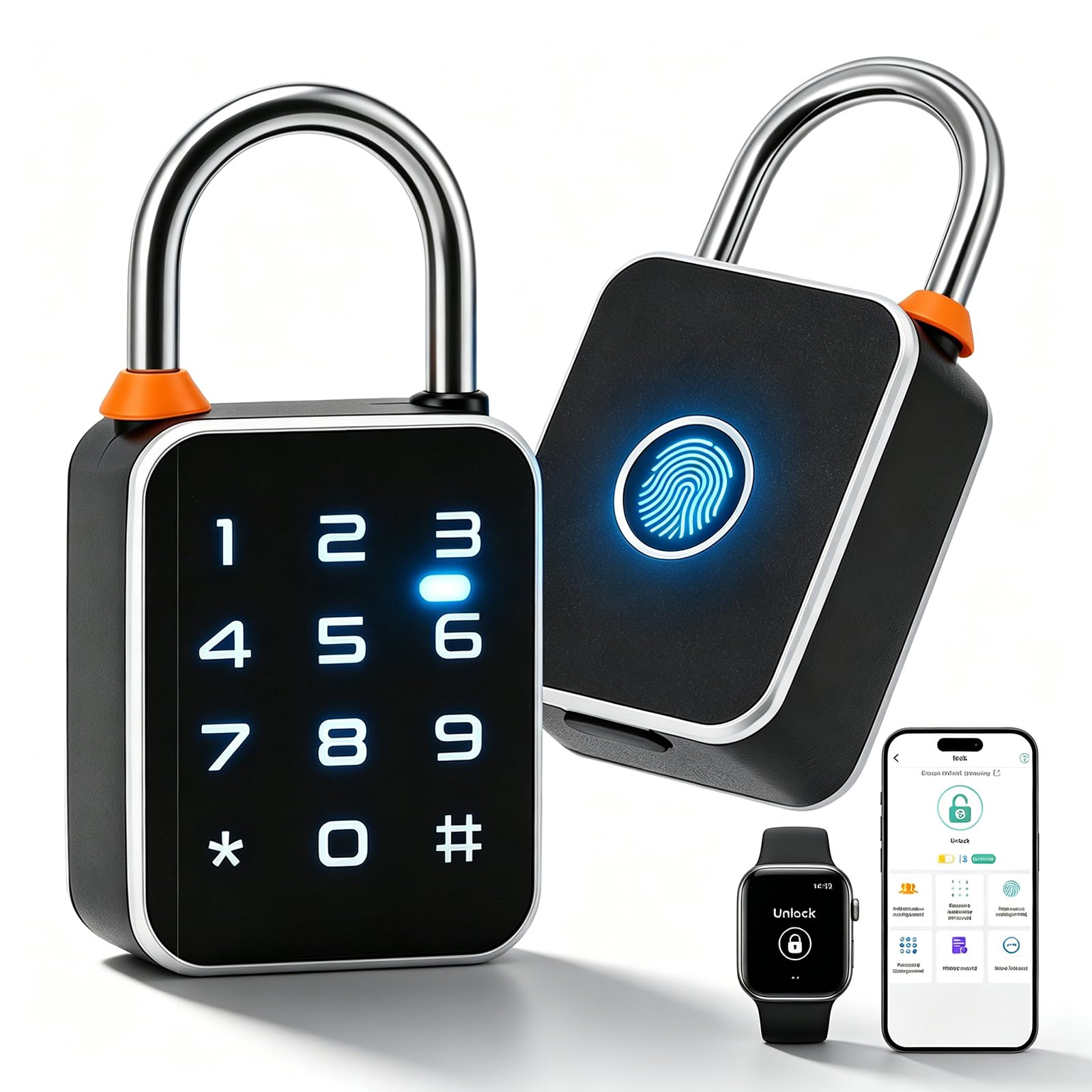 Smart Fingerprint Padlock with Keypad, 4-in-1 Bluetooth App & Watch Unlock, IP65 Waterproof Gym Locker Lock, 80g Lightweight Keyless Combination Padlock for Outdoor Fence, Gate, Shed, Suitcase