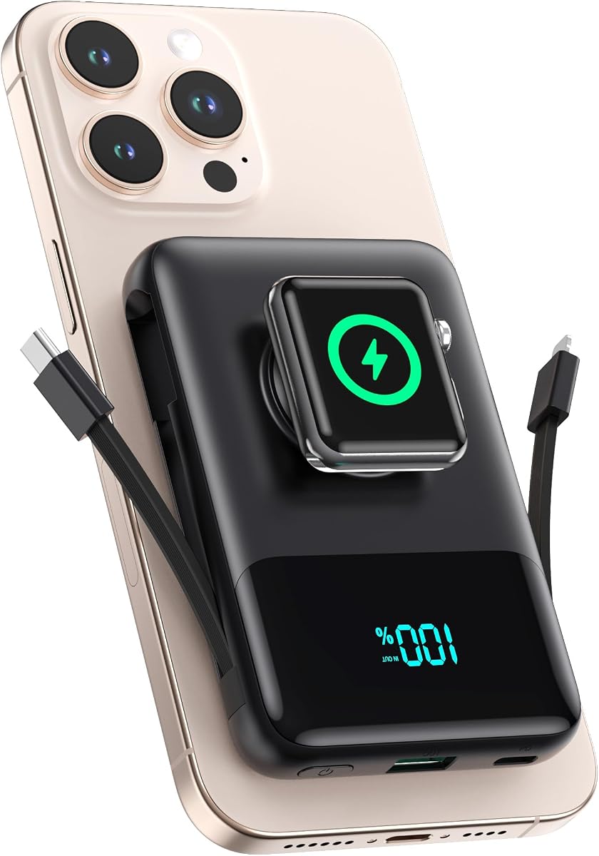Magnetic Portable Charger for iPhone with Built-in Cable,10800mAh Wireless Power Bank for Magsafe Travel Essential,6-in-1 25W PD Fast Charging USB C Battery Pack for iPhone 17/16/15/14/13, Apple Watch