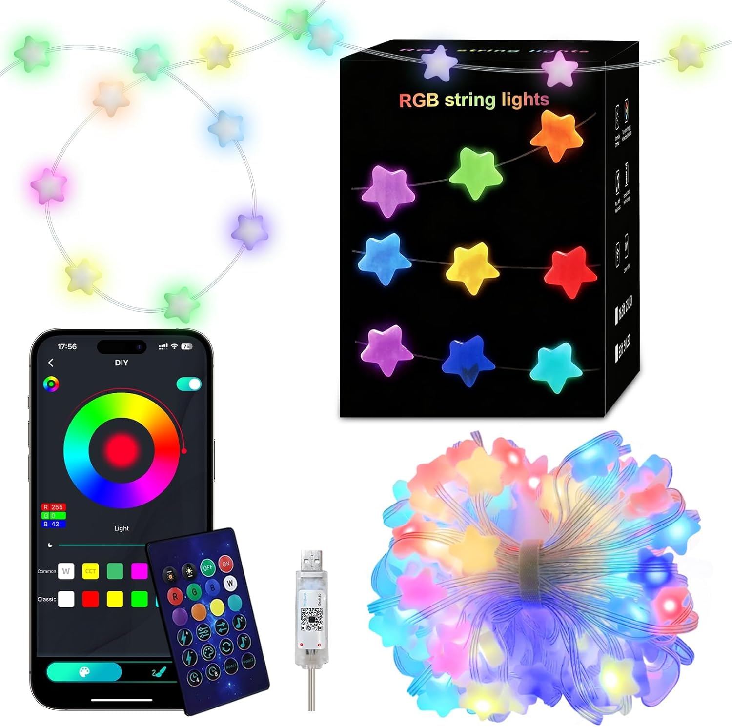 Super RGB Smart Star Fairy Lights 65.6Ft, 16M Color Changing String Lights with Remote & APP Control, Music Sync, Timer, RGB DIY Colored Twinkle Lights Hanging for Indoor Bedroom Party Birthday Decor