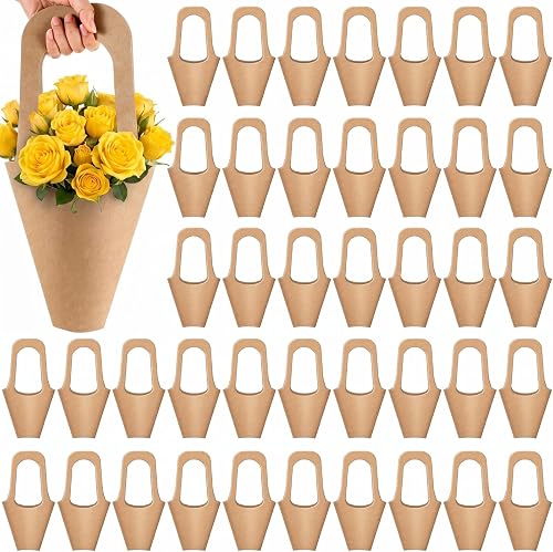 Gilprop 50 Packs Kraft Paper Flowers Gift Bags with Handle Flowers Bouquet Holder for Wedding, Valentines Day Decoration, Florist Shop (Medium,Brown)