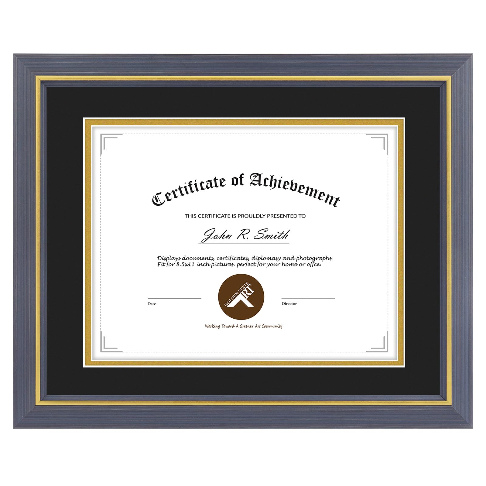 11x14 Diploma Frame Blue Gold Trim Fit 8.5x11 with Black W Gold Double Mat