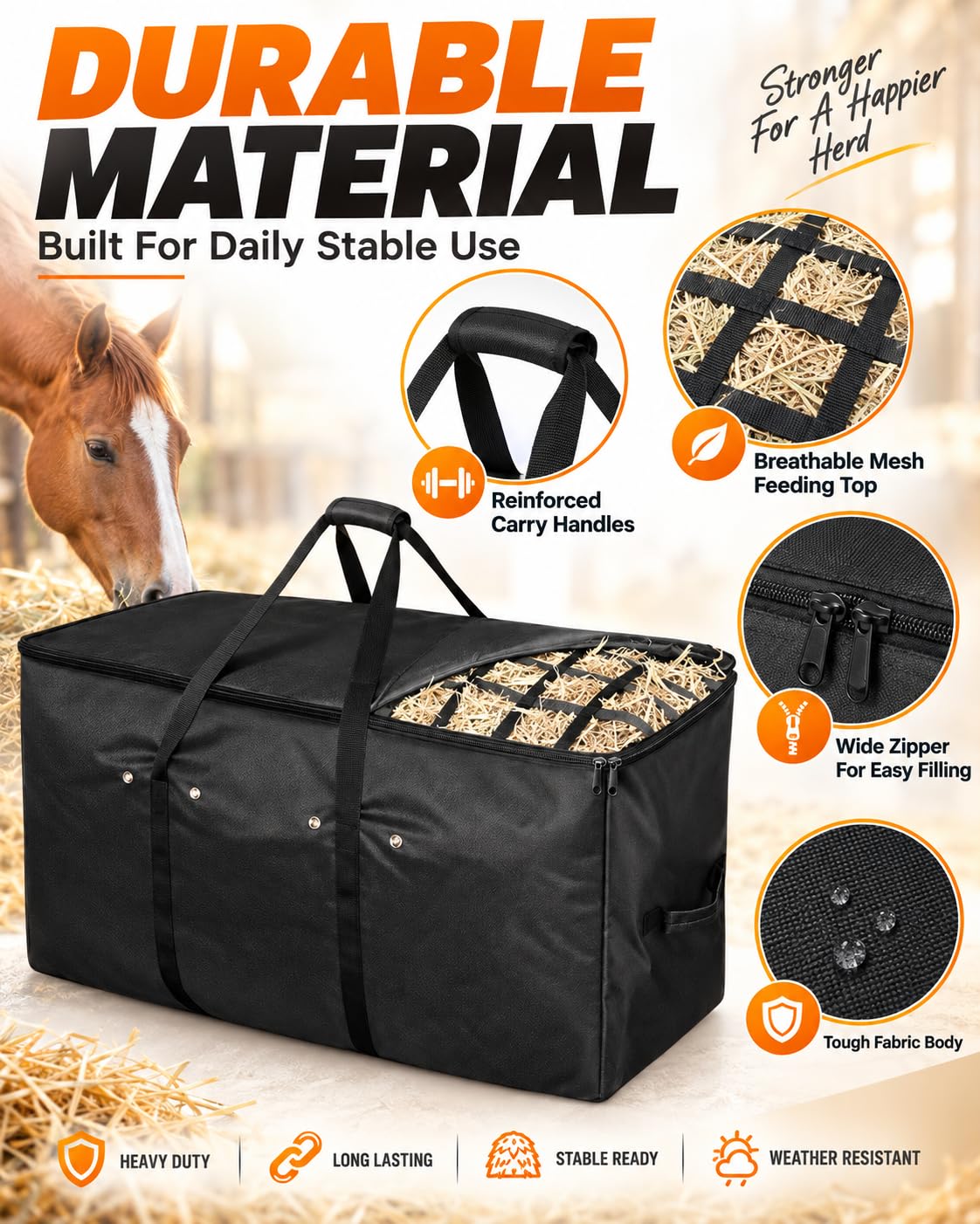 Borsa Fieno per Cavalli Mangiatoia Slow Feed Rete Grande capacità Resistente Sospesa Portatile Carico Superiore Cinghie Regolabili Ganci Capre Asini Stalla Rimorchio Fattoria,Nero,3pcs