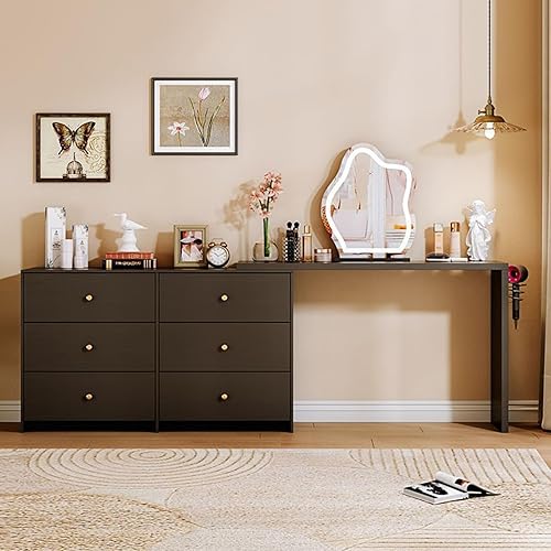 Miniatura 10 de Moderna mesa de tocador de maquillaje de esquina con espejo LED y 6 cajones espaciosos, tocador retráctil para armario, escritorio de escritura,