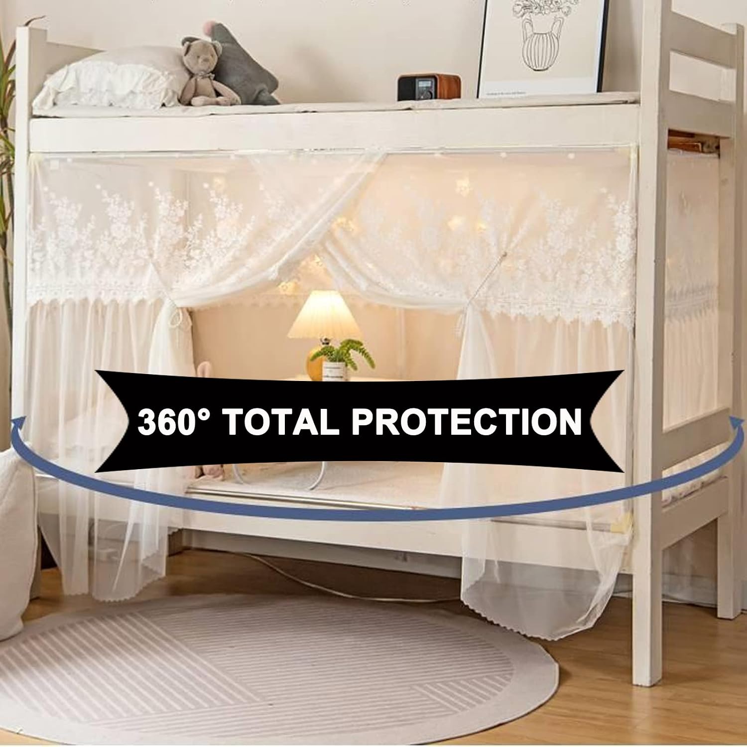 4 Corner Post Students Dorm Bunk Mosquito Net Bed Canopy Netting Students Bed Curtains for Student Dormitory School College Bedroom Decoration (White-Flower, 35" W x 74" L (Pack of 1))