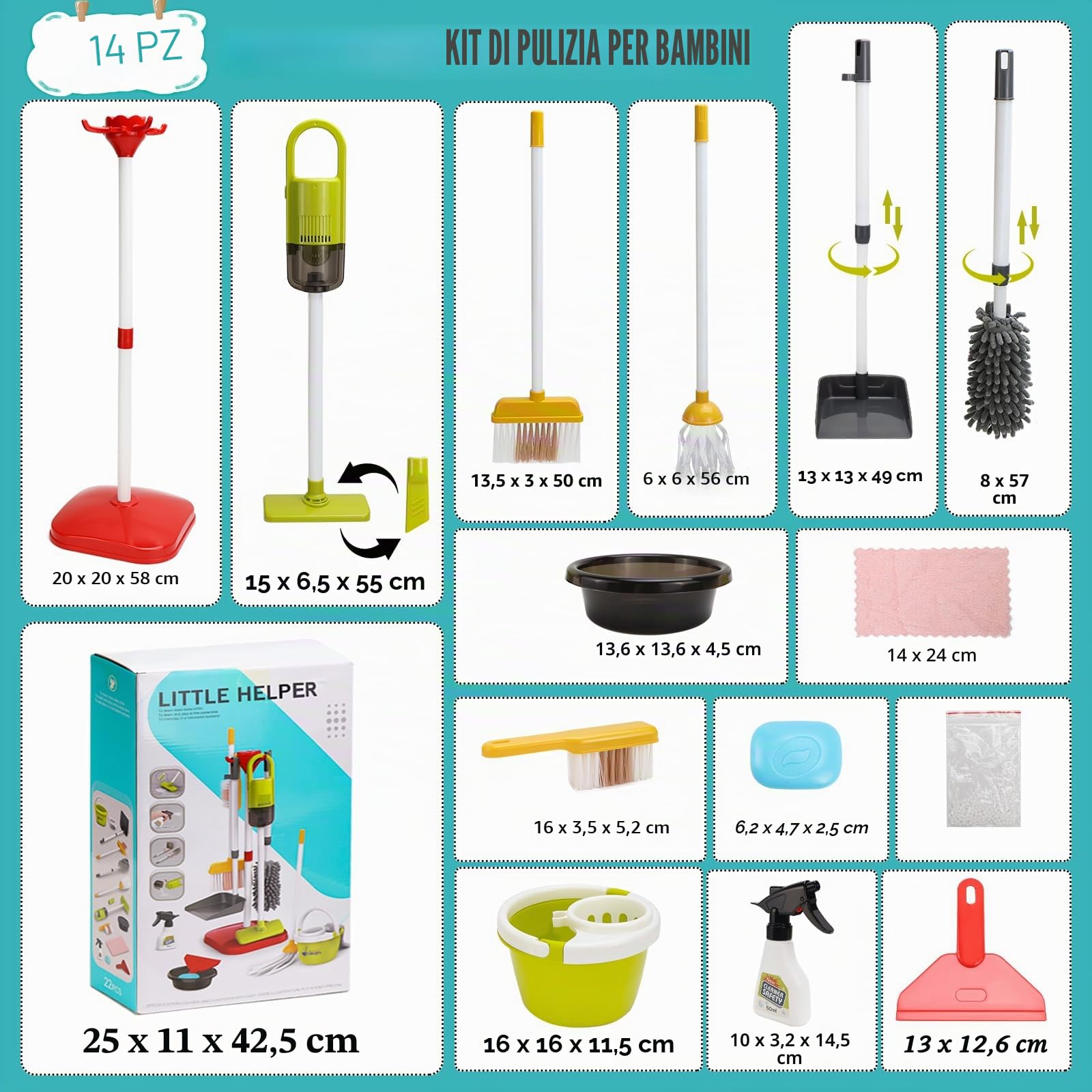 Set di 14 spazzole per bambini, aspirapolvere per bambini, a partire dai 2 anni, set di pulizia per bambini con aspirazione e funzione audio (A-14)