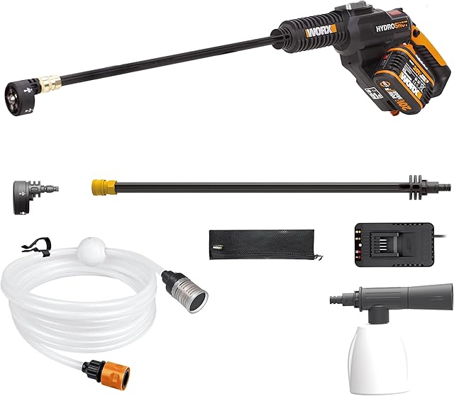 WORX 20V Cordless Hydroshot Pressure Washer WG630E.5, PowerShare, Suitable for Patio Cleaning and Car Washing, 210L/H High Flow Rate, 5-In-1 Adjustable Nozzle, 1pc Battery Included