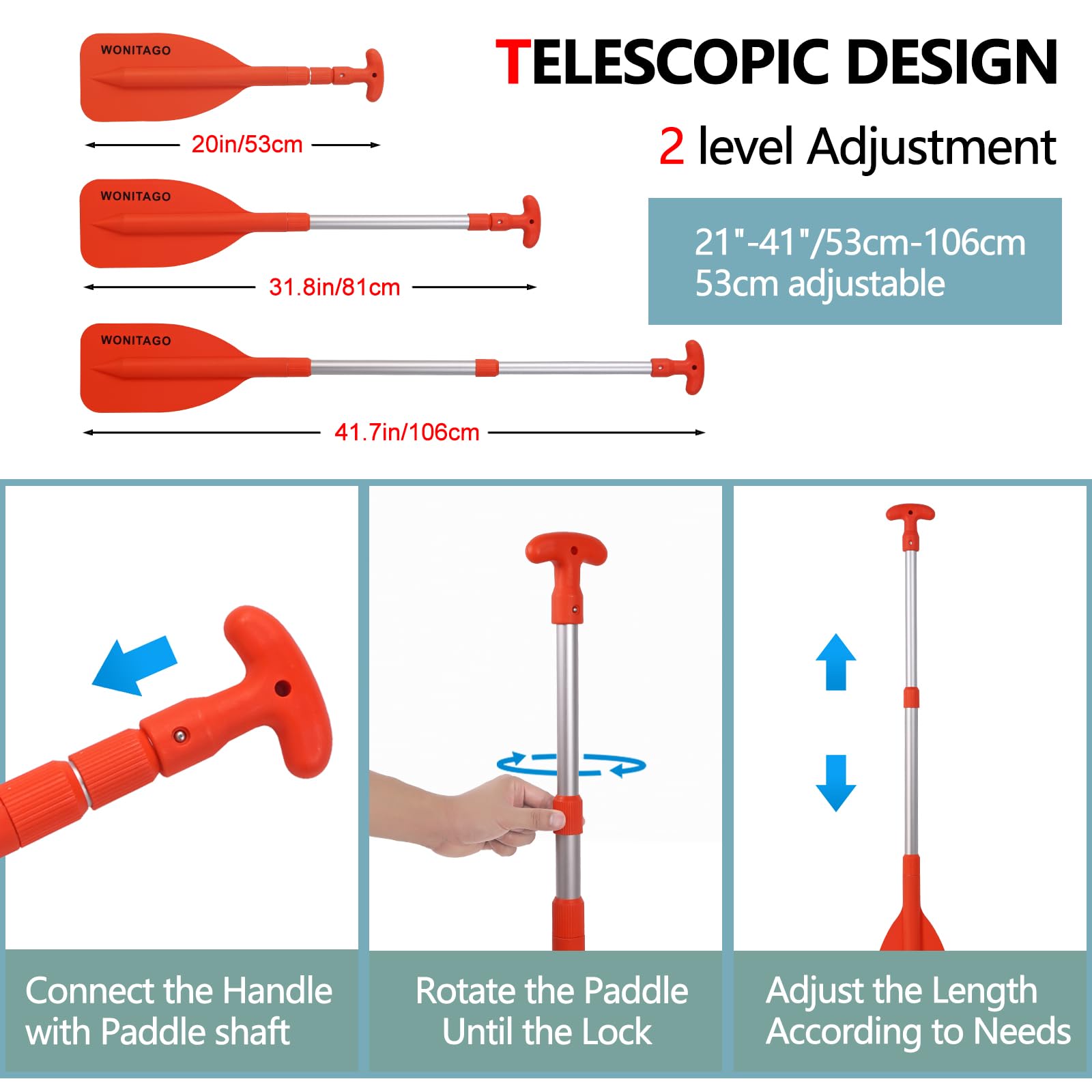 Emergency Telescoping Kayak Paddle – Collapsible Aluminum Paddle (21" To 43") With Plastic Blades, Orange & Floating