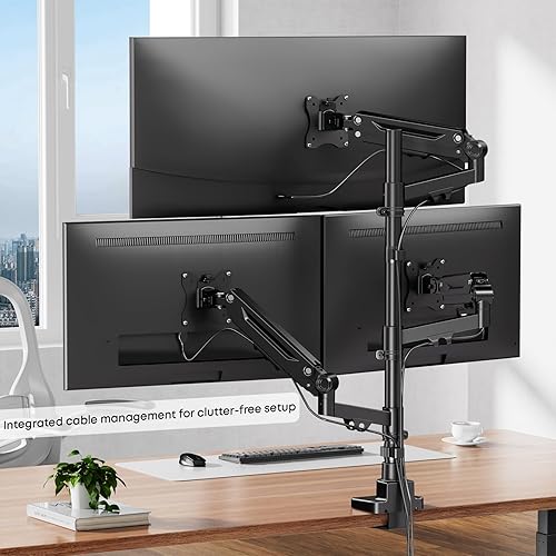 Miniatura 6 de Soporte de monitor triple para pantallas de 17 a 35 pulgadas, soporte de escritorio resistente con brazo triple para monitores ultraanchos, ajuste